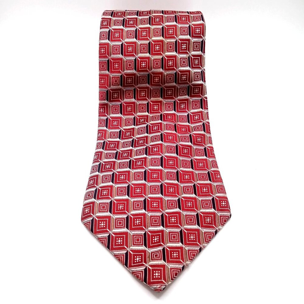 Vintage Men's Tie Burma Bibas Red Beige Geometric Square Pattern All Silk Tie